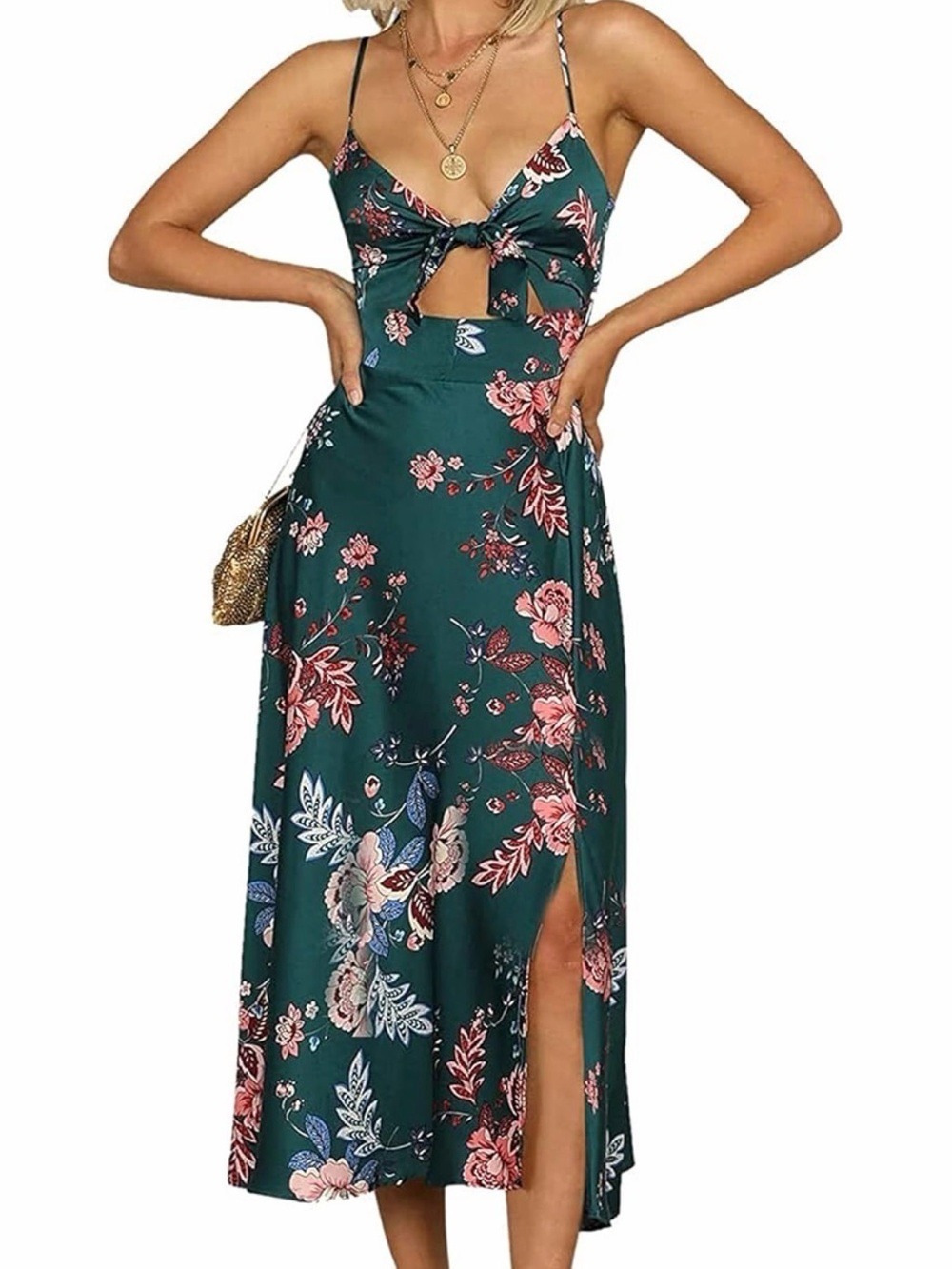 Satin Floral Tie-Front Green Midi Dress